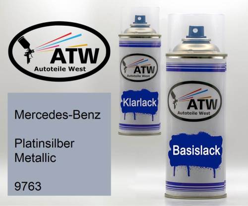 Mercedes-Benz, Platinsilber Metallic, 9763: 400ml Sprühdose + 400ml Klarlack - Set, von ATW Autoteile West.